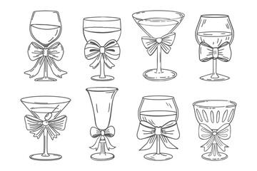 Collection of hand drawn elegant cocktail and wine glasses with bows. Sketch illustration.