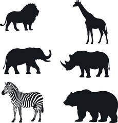 African wildlife silhouettes including lion, giraffe, elephant, rhinoceros, zebra, and bear vector illustration 