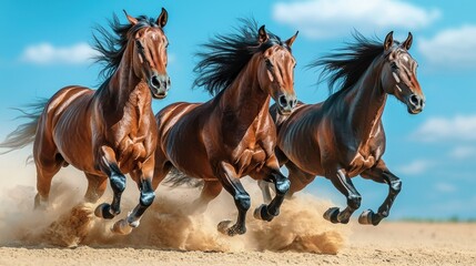 Three powerful horses galloping across a field, kicking up dust