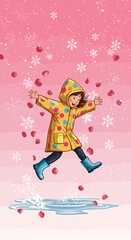 Happy child enjoying winter, jumping in puddle with flowers  