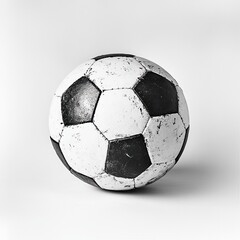 Worn soccer ball, black and white panels, distressed leather, simple studio shot