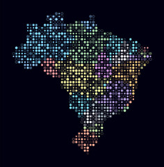 Brazil, shape of the country built of colored cells. Digital style map of Brazil on dark background. Small size circle blocks. Plain vector illustration.