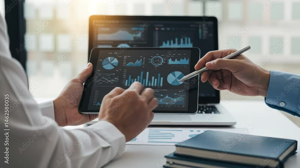 Aufkleber Two business professionals review important data on a tablet while discussing insights in an office setting. Charts and graphs display critical metrics for their project
