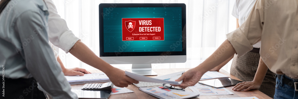 Poster Virus warning alert on computer screen detected brisk cyber threat , hacker, computer virus and malware