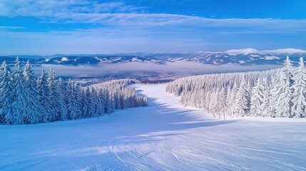 Snowy mountain ski slope aerial view