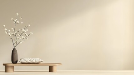 Minimal interior beige wall with wooden bench and dried plants