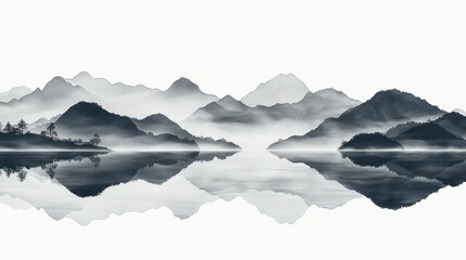 Misty mountain range reflected in a calm lake