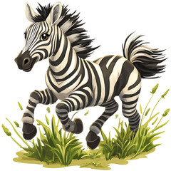 A Cartoon Zebra Running Through Tall Grass Isolated on Transparent Background