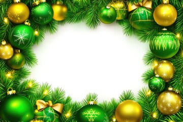 Christmas frame with green and gold ornaments, pine branches, and fairy lights.  Decorative border on a white background
