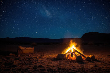 Campfire blazing in desert night, casting warm glow on sand and silhouetted cacti under starry sky.