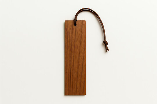 A simple, elegant wooden bookmark with a brown leather strap, perfect for avid readers who appreciate both style and functionality in their reading accessories.