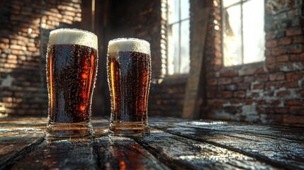 Two glasses of dark beer on a rustic wooden table