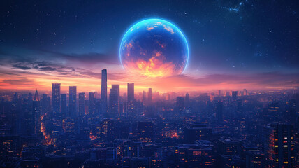 Fototapeta premium Global network illuminated by a glowing Earth above a night city skyline, perfect for a website banner