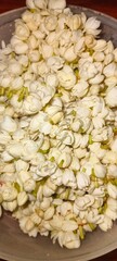 shows two delicate Jasmine flowers (likely Jasminum sambac, also known as Arabian jasmine) blooming on a green leafy stem