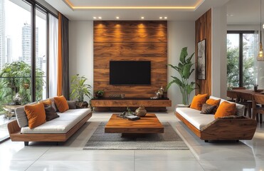 Modern apartment living room, wood decor, city view