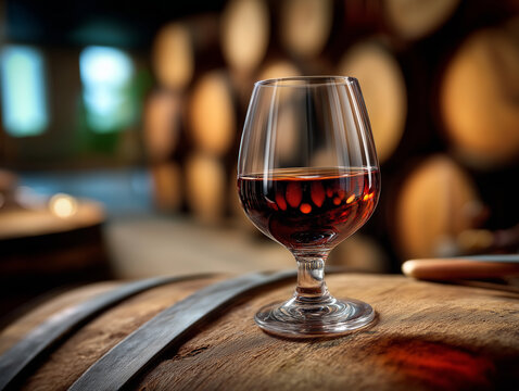 
food photography, styling a glass of Pedro Xim&eacute;nez wine over solera barrels, 100mm lens 2.8 f, hypermaximalism, ultra quality,