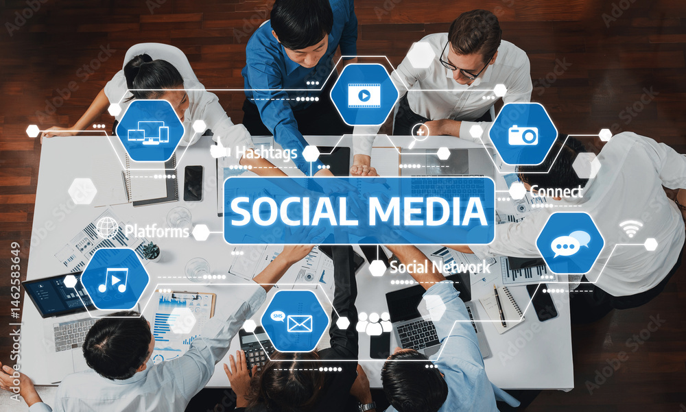Aufkleber a diverse group of professionals engaged in collaboration, exploring social media concepts with digi