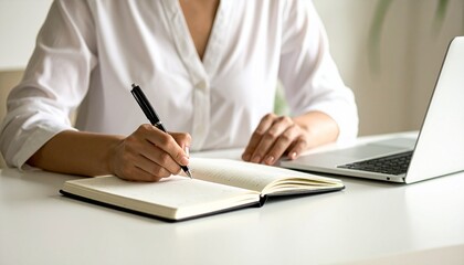 A scene where a woman is writing something in a notebook next to her laptop