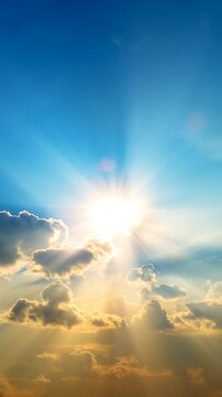 Vertical Time lapse sun and clouds moving on blue sky with sun shines and sunbeams, nature background, Climate Change