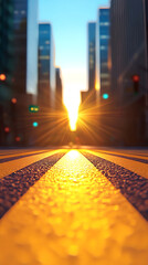 Vibrant Sunset Over City Street with Yellow Crosswalk