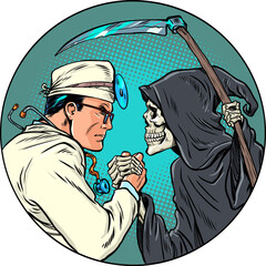 Pop Art Retro Death and the doctor fight each other. Arm wrestling between opposites. Protecting the patient's health.