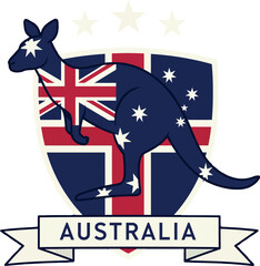 Kangaroo silhouette with Australian flag shield and banner emblem design vector 