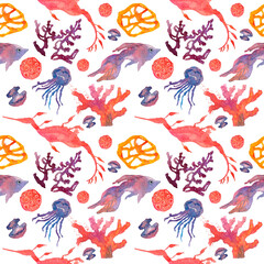 Obraz premium Marine seamless watercolor pattern . Fish, jellyfish, algae, seahorse. Blank for fabric , wrapping paper.