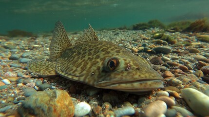 Obraz premium A flatfish lies camouflaged against a pebbled ocean bottom