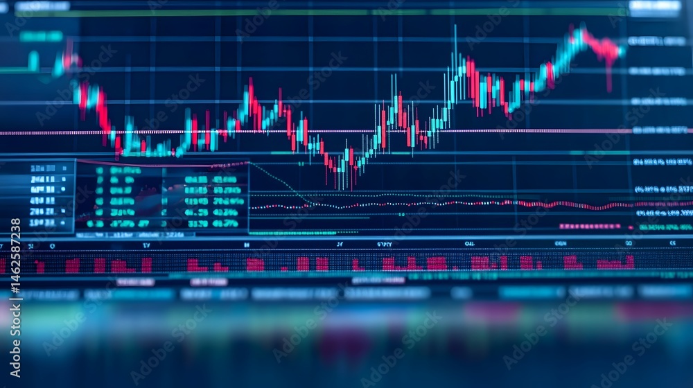 Poster fluctuating financial data displayed on a screen.