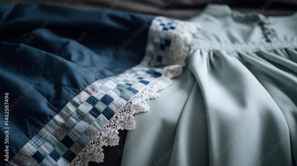 Poster an elegant handmade quilt in various shades of blue rests flat, displaying intricate patchwork and n