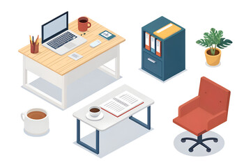 Isometric office furniture and supplies arranged on a transparent background