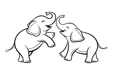 Playful Baby Elephants Vector Outline, Cute baby Elephants Line Art Animal Drawing, Funny Happy Cartoon Elephants Interacting for coloring page.