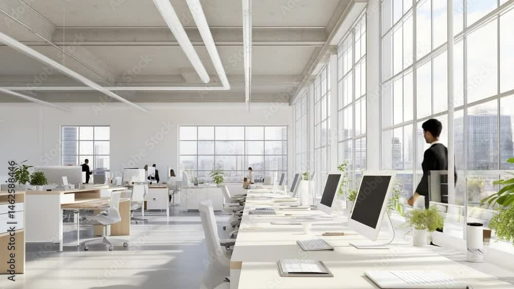 Poster modern bright office space with desks and computers setup for employees work area