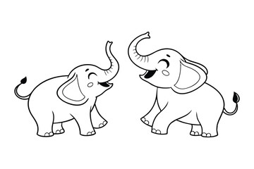 Playful Baby Elephants Vector Outline, Cute baby Elephants Line Art Animal Drawing, Funny Happy Cartoon Elephants Interacting for coloring page.