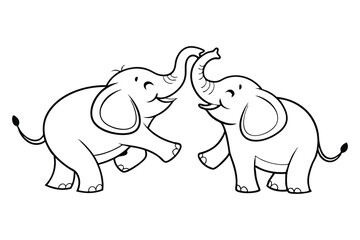 Playful Baby Elephants Vector Outline, Cute baby Elephants Line Art Animal Drawing, Funny Happy Cartoon Elephants Interacting for coloring page.