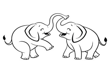 Playful Baby Elephants Vector Outline, Cute baby Elephants Line Art Animal Drawing, Funny Happy Cartoon Elephants Interacting for coloring page.