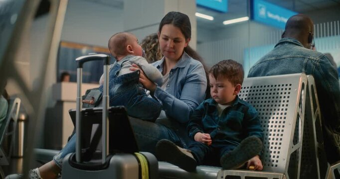 Crowded International Airport Terminal: Mother with Two Little Kids Waiting for Airplane Flight, Boy Toddler Watching Cartoons on Digital Tablet. Diverse Passengers in Departure Lounge of Airline Hub.