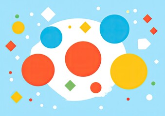 Colorful circles and shapes on a light blue background.  Various  shapes like circles, squares, and diamonds in vibrant colors scattered on a soft light blue backdrop