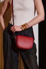 Girl model in the interior in stylish clothes with a bag. style fashion.