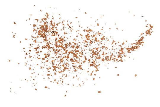 Pile chopped, milled chocolate isolated on white, top view	