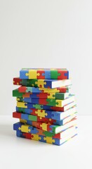 Obraz premium Stack of books wrapped in colorful puzzle paper on a white background in a studio setting