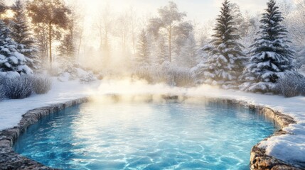 Winter sunrise, hot spring pool in snowy forest