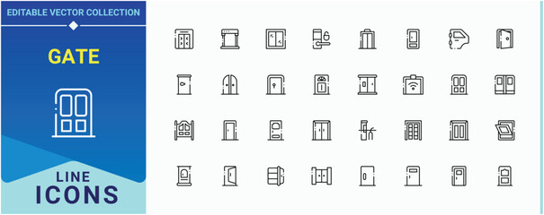 Gate icon set. Included log, open, access, room, close and more. Door icon set in linear style. Modern vector illustration. Pixel perfect. Editable vector.