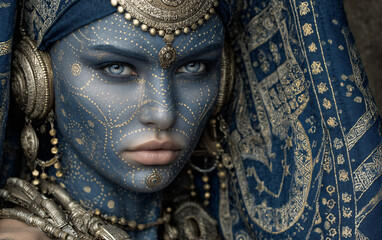 Obraz premium ornate female portrait in blue ceremonial attire with detailed patterns and metallic jewelry, fantasy cultural costume with face decorations and symmetrical makeup, mystical goddess aesthetic 