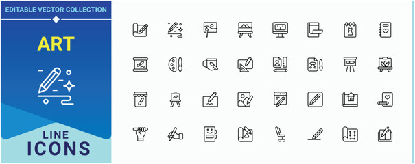 Art related icon set. Containing graphic, sketch, draw, creative, paintbrush and more. Drawing related icon set. Outline symbol collection. Editable vector.