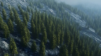 Dense forest on a mountainside slope, aerial view.