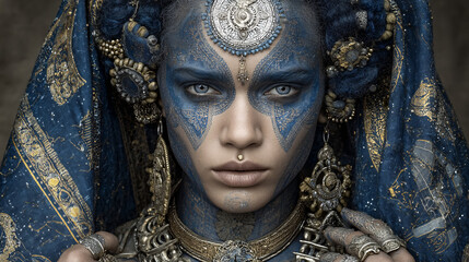 Fototapeta premium ornate female portrait in blue ceremonial attire with detailed patterns and metallic jewelry, fantasy cultural costume with face decorations and symmetrical makeup, mystical goddess aesthetic 