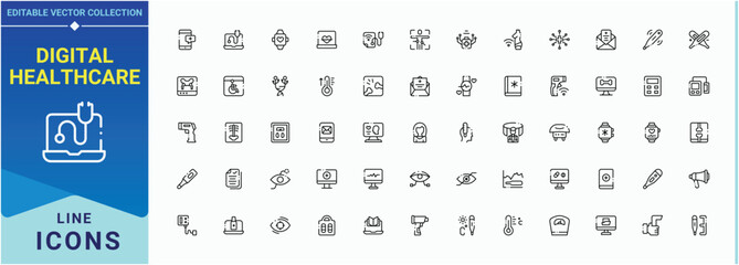 Digital Healthcare icon set. Featuring telemedicine, patient, health, care and more. Diagnosis icon set. Minimal icons set. Editable stroke collections.