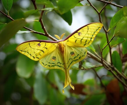 Madagascar Moon Moth. Comet Moth, Argema mittrei, Large Yellow Butterfly in its natural habitat