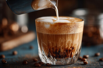 Barista skillfully creates a beautiful coffee latte with intricate design